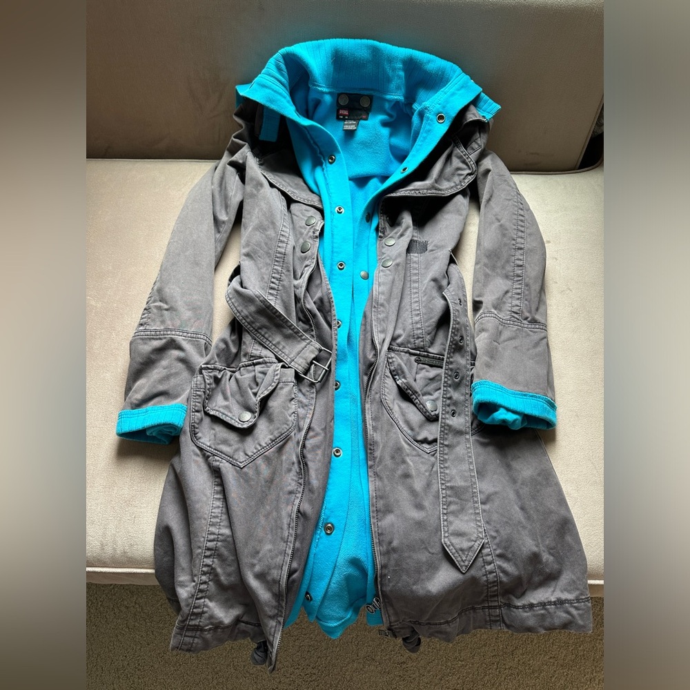Diesel 100% Cotton Double Layer Teal and Gray Long Jacket Size XS